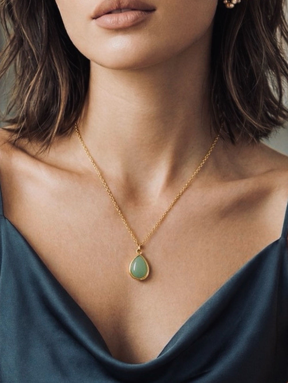 NWT 18K Gold Plated Jade Pendant Necklace Boho Luxe Layering Minimalist Elegant - Picture 3 of 10